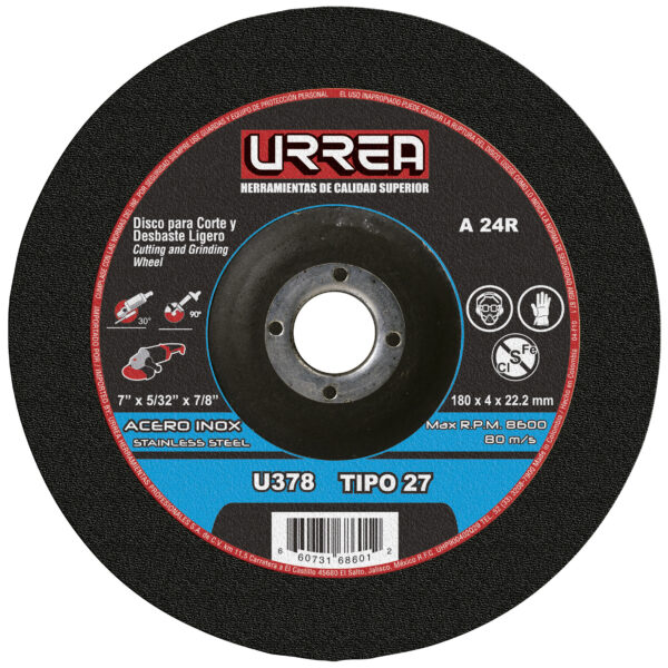 Disco abrasivo tipo 27 para acero inoxidable 7" x 5/32" Urrea
