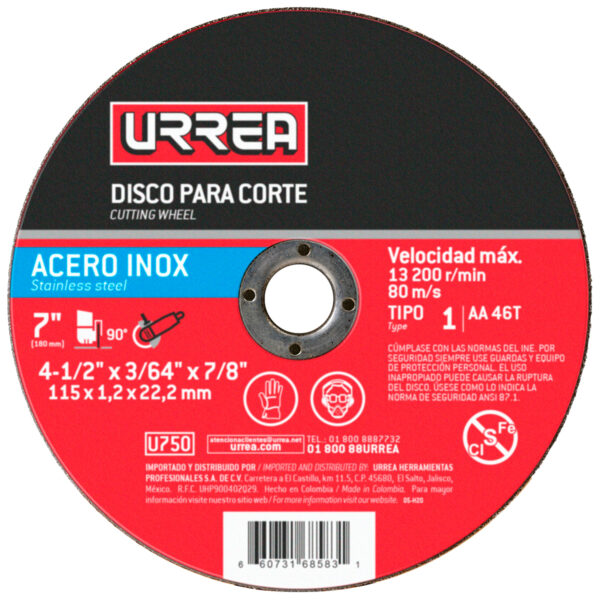 Disco abrasivo tipo 1 para acero inoxidable 4-1/2" x 3/64" Urrea